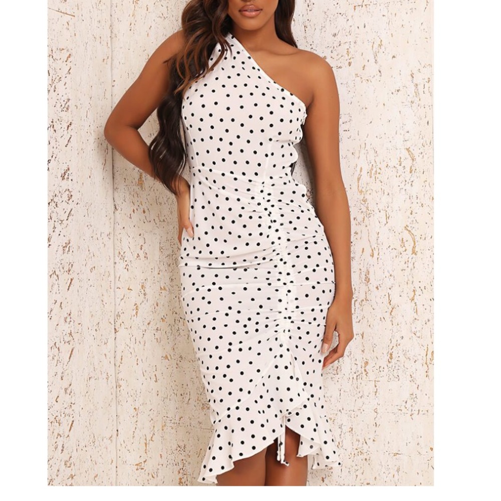 ISAWITFIRST One Shoulder MIDI Polka Dot Dress